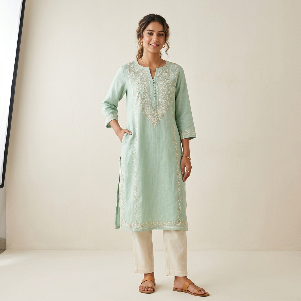 Casual Embroidered Pastel Green Linen Kurti